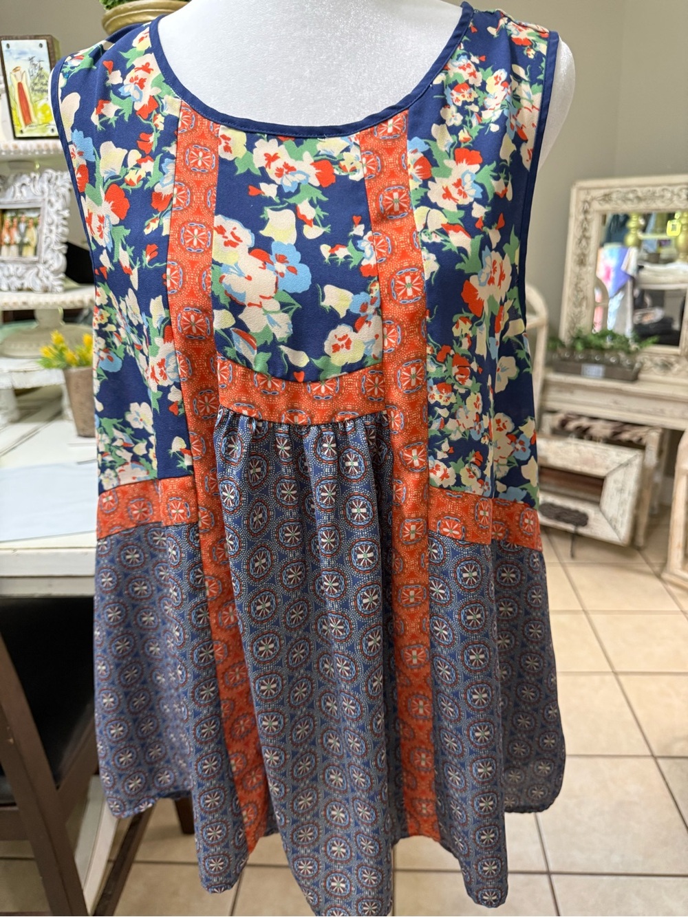 DR2 Floral Patchwork Sleeveless Top in Navy, Orange & Cream - Picture 2 of 6